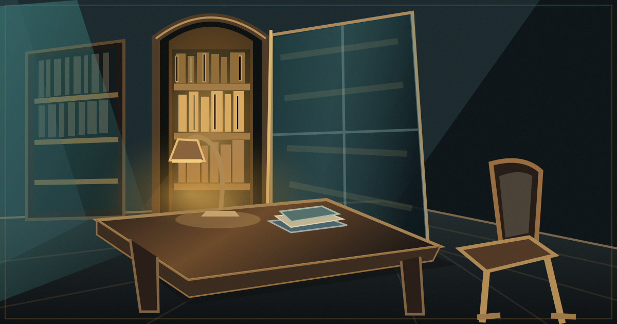 One warmly lit bookcase sits behind a desk while smoked-glass partitions obscure the surrounding reading room