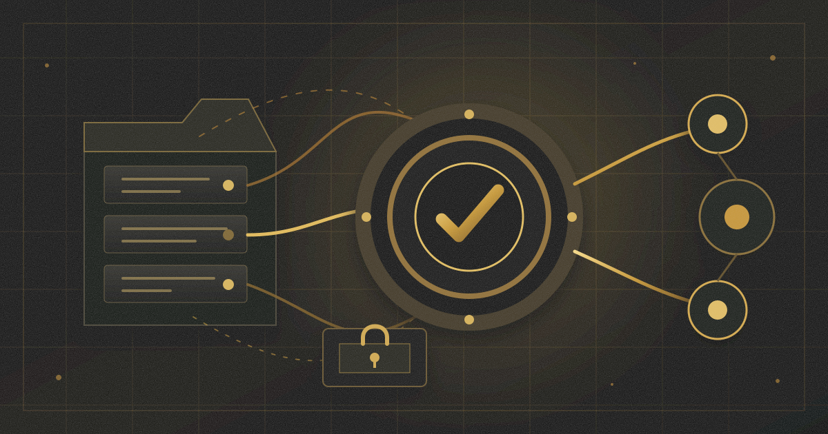 Gold-outlined document cards connect to a central approval checkmark, a padlock and network nodes on a dark grid