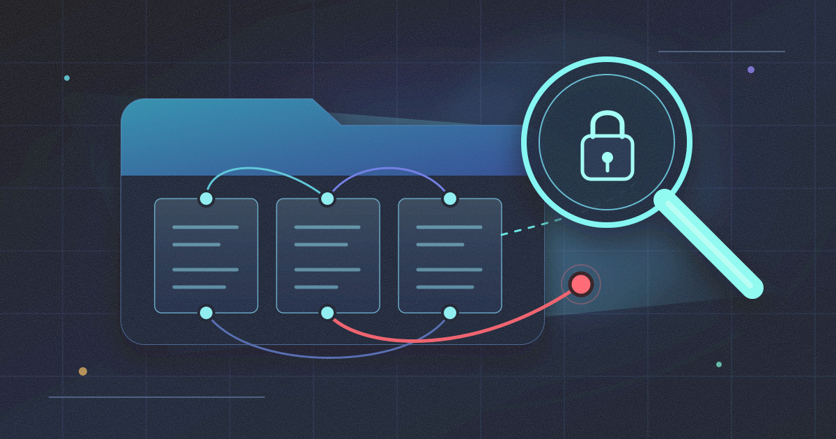 An illuminated document library exposes tangled permission paths and an unsafe sharing link