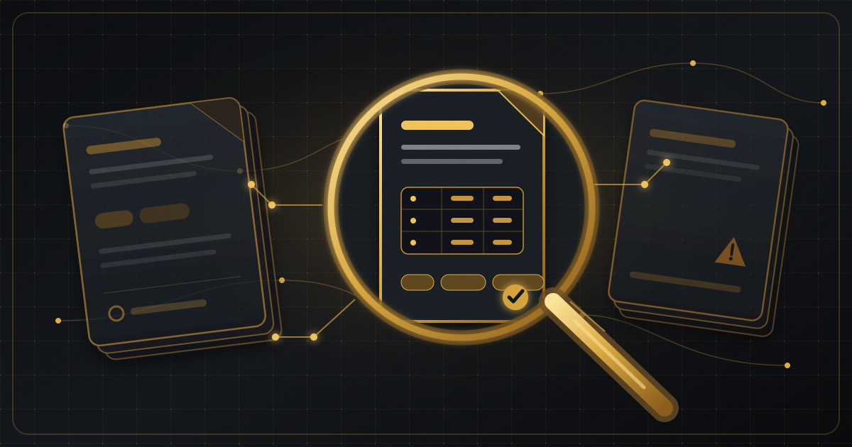 A gold search lens reveals one structured document among duplicate and stale cards on a dark data grid