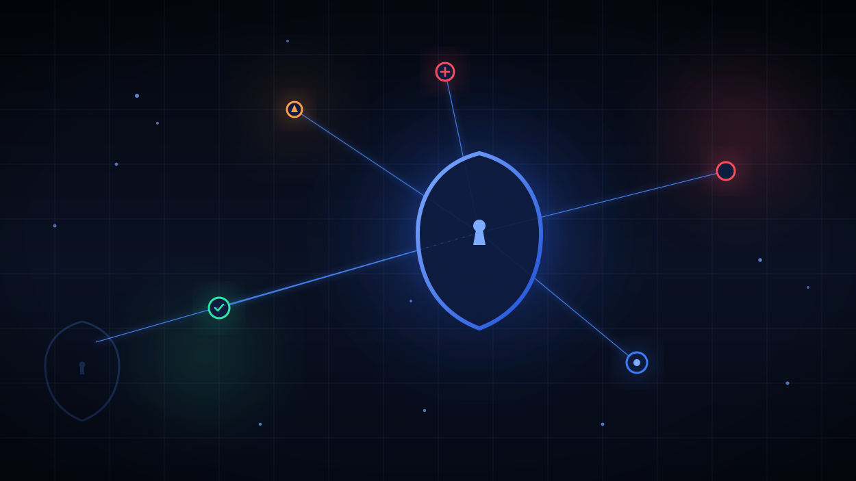 Project Perception: central shield connected to red, blue and green AI agent nodes on a dark network grid